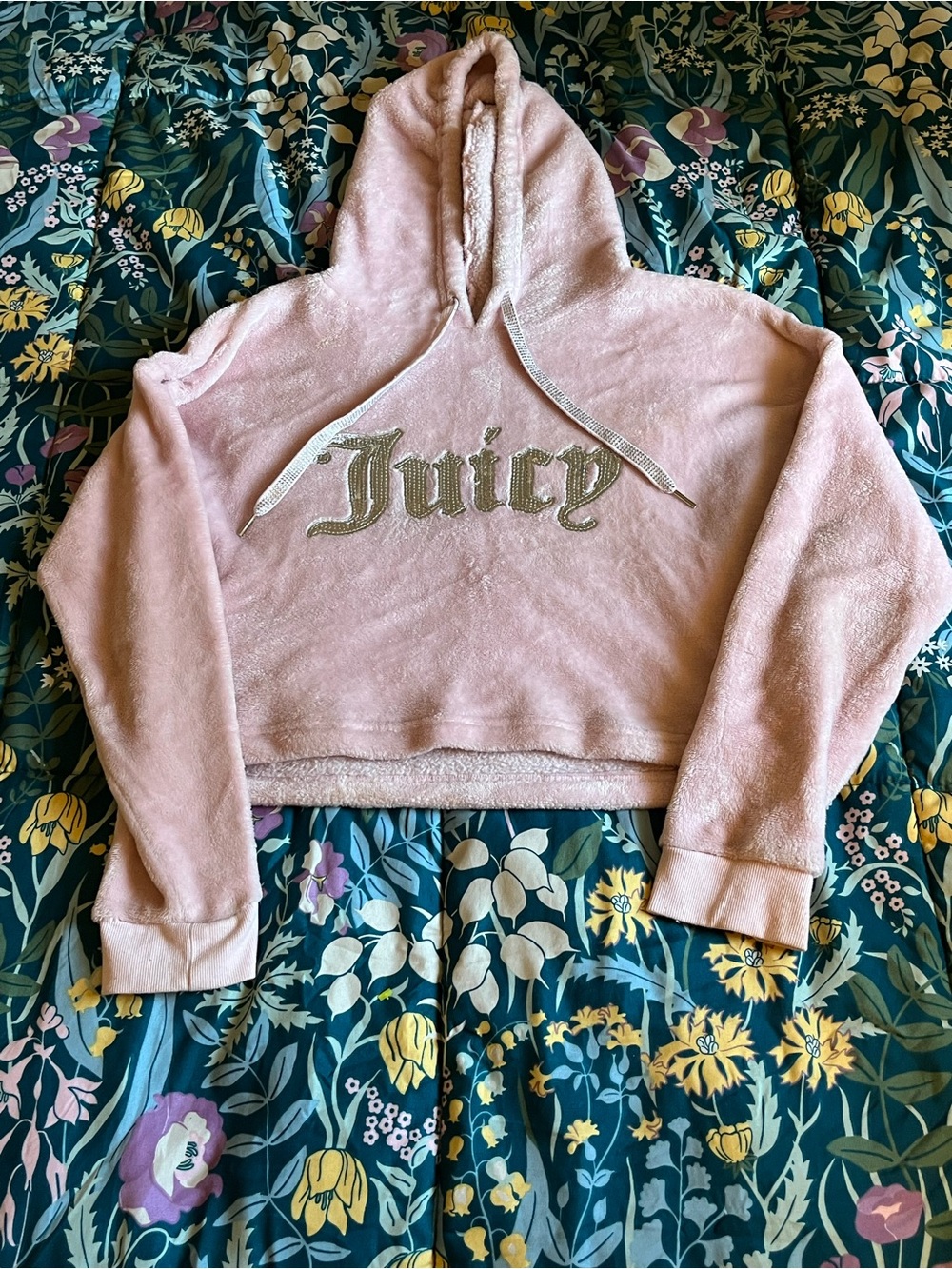 Juicy Couture Pajamas Pink Plush Cropped Hooded Sweatshirt Womens Size Medium